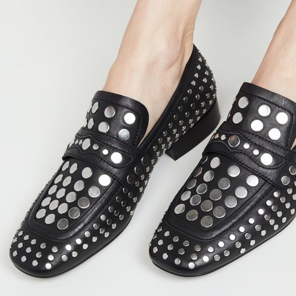 Ash Shoes - Ash Ono Studded Leather Loafers 37 Black Silver Flat Embellished Square Toe